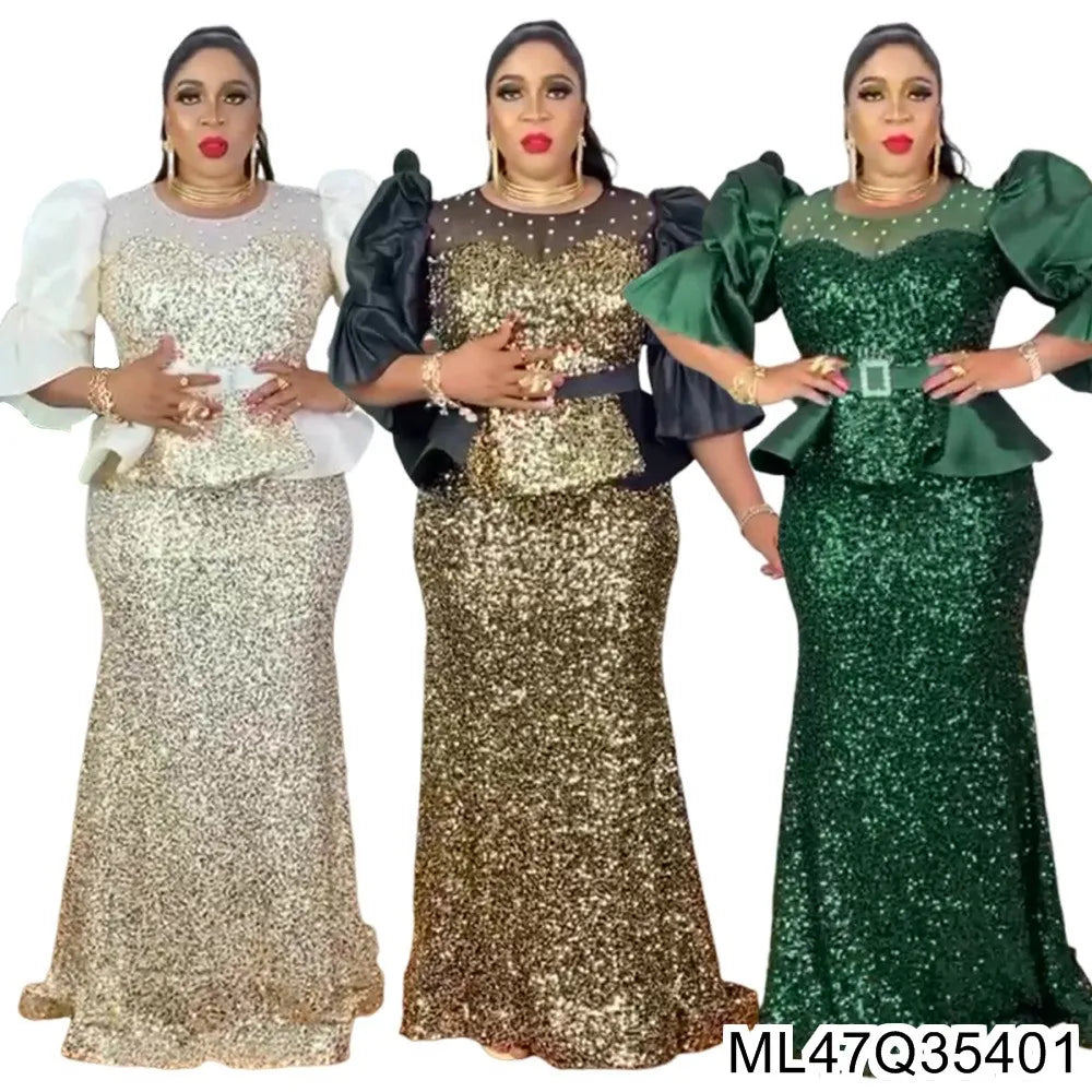 Plus size high-waisted sequined fishtail evening dress with shimmering embellishments, ideal for formal parties or special occasions.