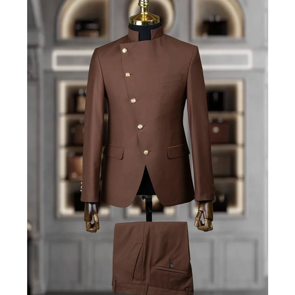 SHOWLU FASHION STORE men's slim fit wedding tuxedo suit with stand collar, made of cotton, two-piece design, elegant and modern style.
