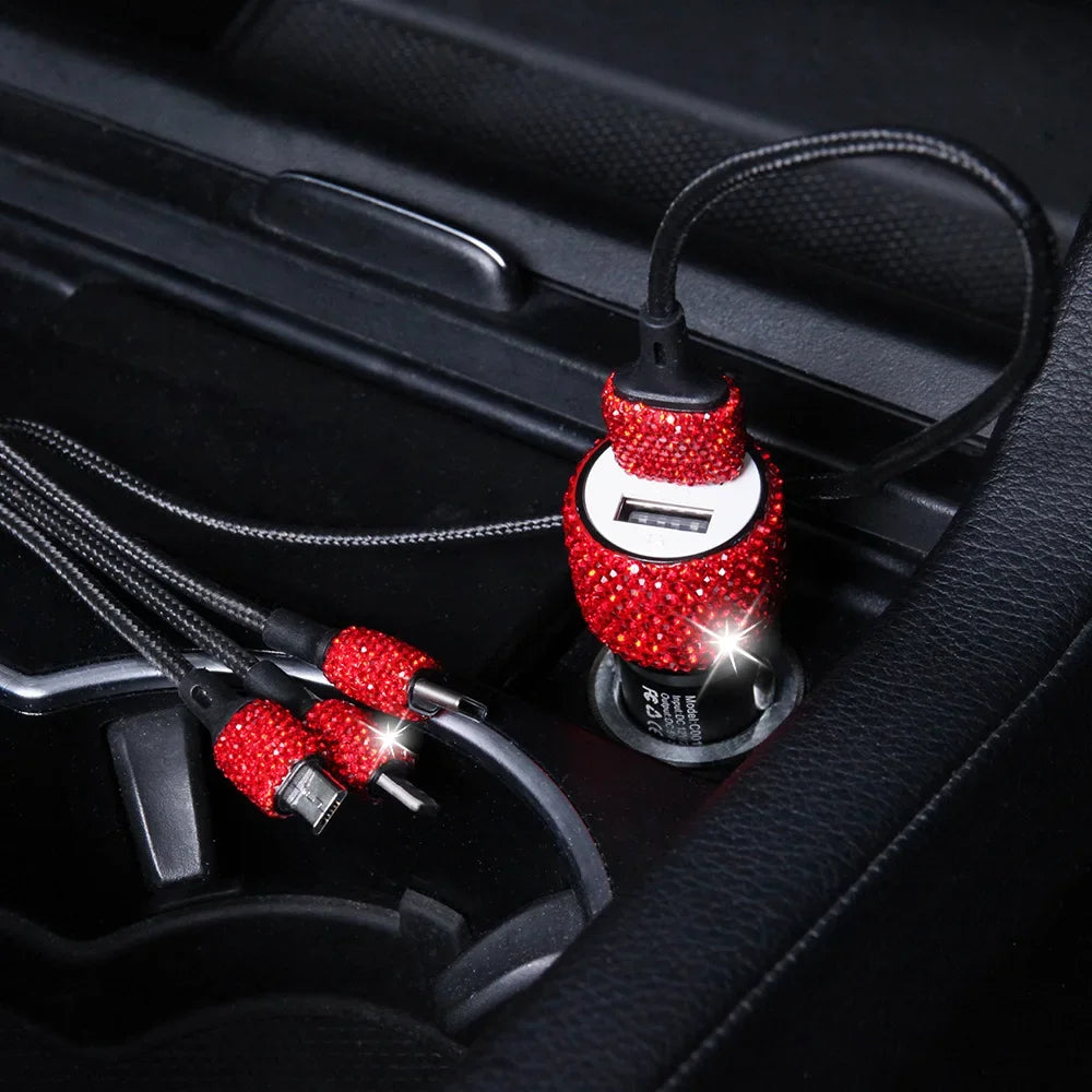 Pink crystal Showlu dual USB car charger with 3-in-1 charging cable, compact and stylish for convenient in-car device charging.