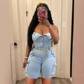 Kalenmos women's strapless denim jumpsuit by SHOWLU FASHION STORE, high waist Y2K style playsuit, displayed on a model.