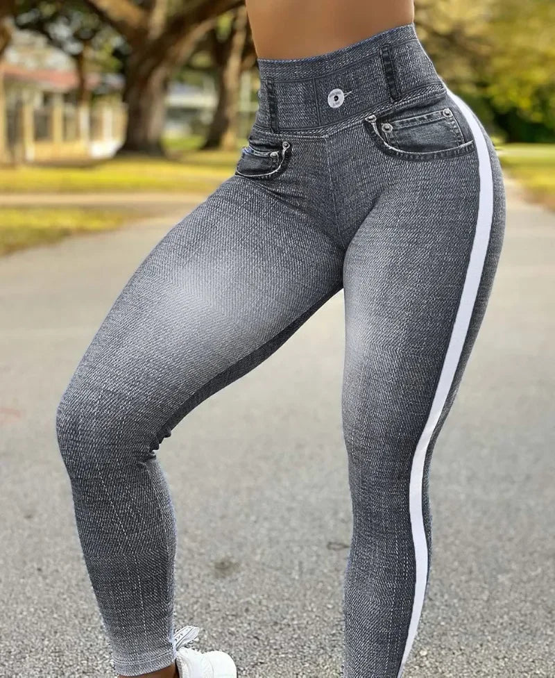 High waist denim look print leggings for women with tummy control and butt lift, slim fit spring summer leggings by Showlu Fashion.