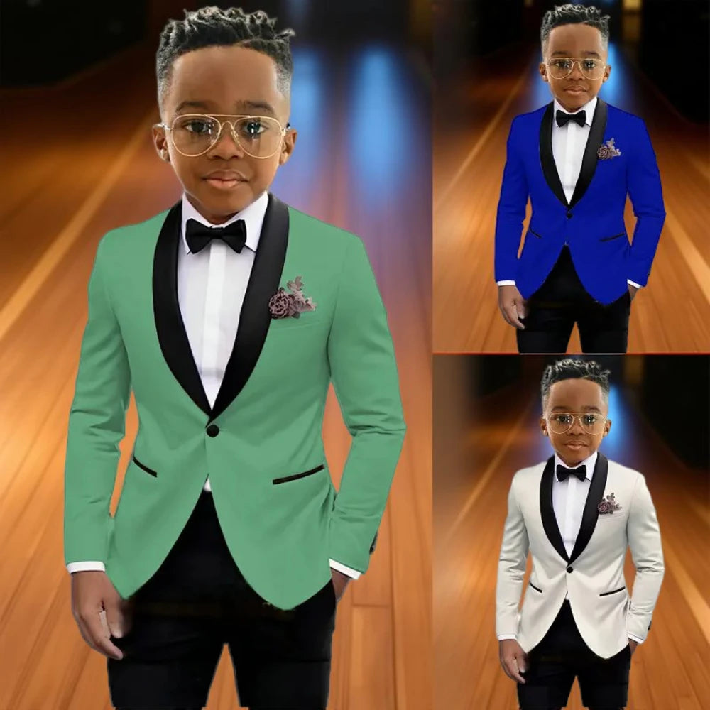 Boy's formal blazer and pant suit set for children, suitable for weddings, birthdays, and stage performances, ages 2-16.