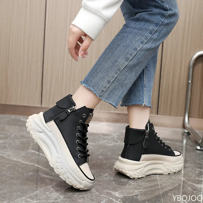 Showlu fashion high top women's shoes with thick soles, round toe, versatile design, perfect for autumn and height increase.