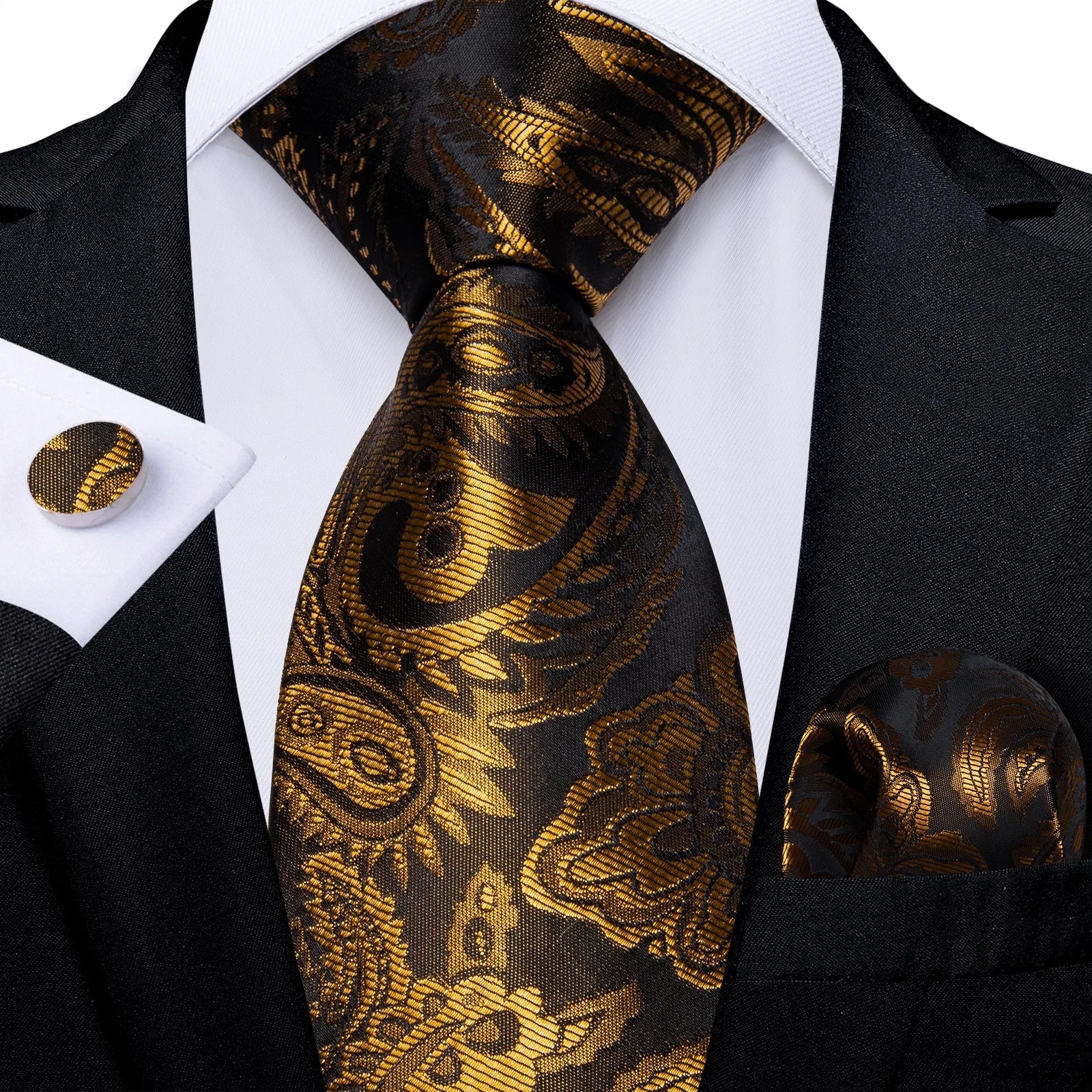 Gift Men Tie Luxury Gold Black Striped Paisley Silk Wedding Tie For Men DiBanGu Designer Hanky Cufflinks Fashion Tie Set