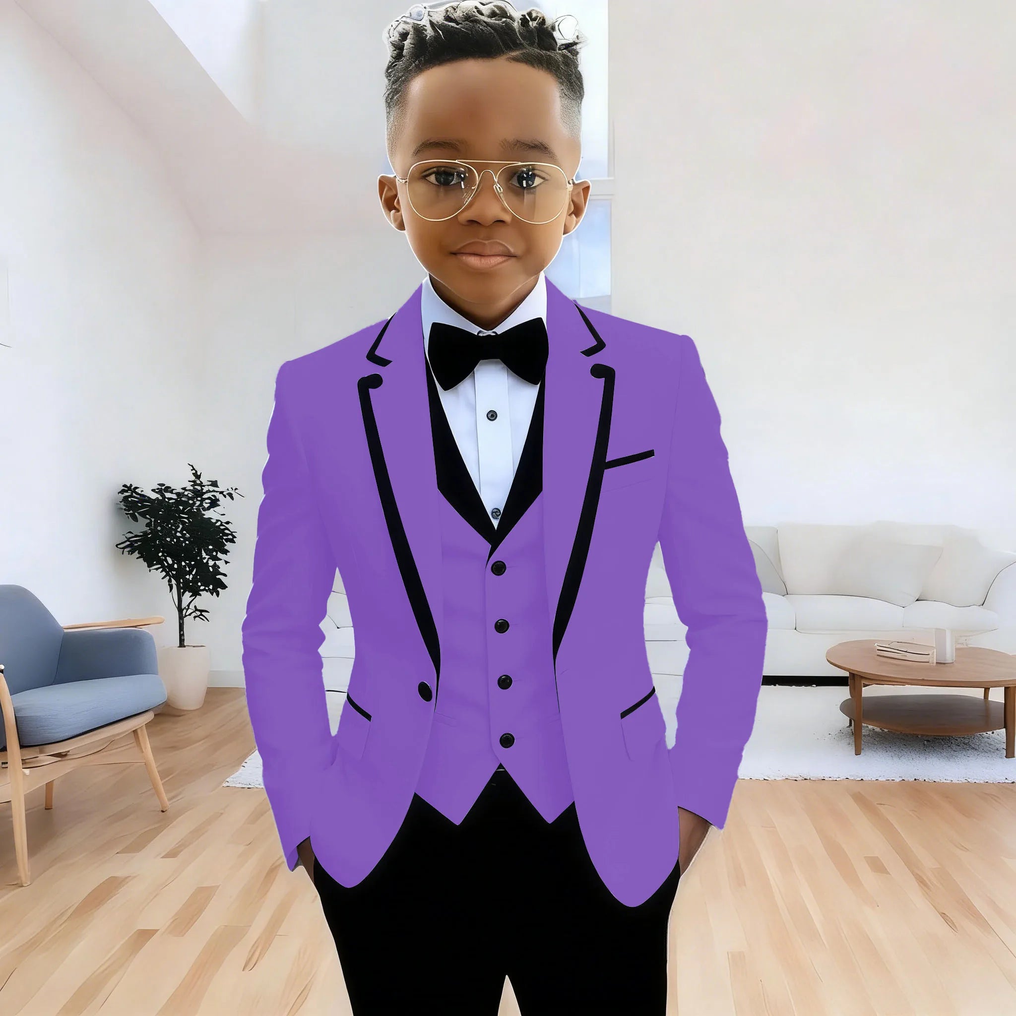 Showlu Smart General boys' formal suit set with jacket, pants, and vest, featuring notched lapel for wedding or party occasions.