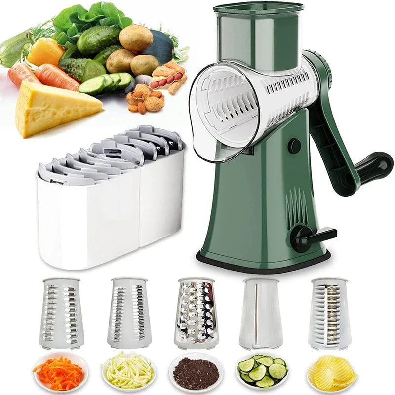 Showlu 5-in-1 rotary cheese grater and stainless steel manual food slicer with multiple grating and slicing attachments for versatile kitchen use