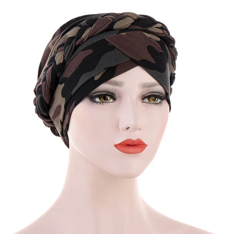European and American print leopard silk scarf hat with flower accents, short braid, and Muslim hijab style for women.