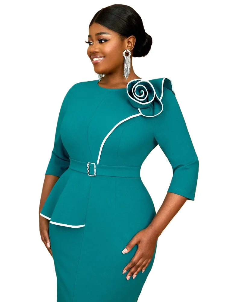 Showlu Fashion women's long sleeve fitted business casual dress with 3D floral color block design and pencil skirt style for office wear.