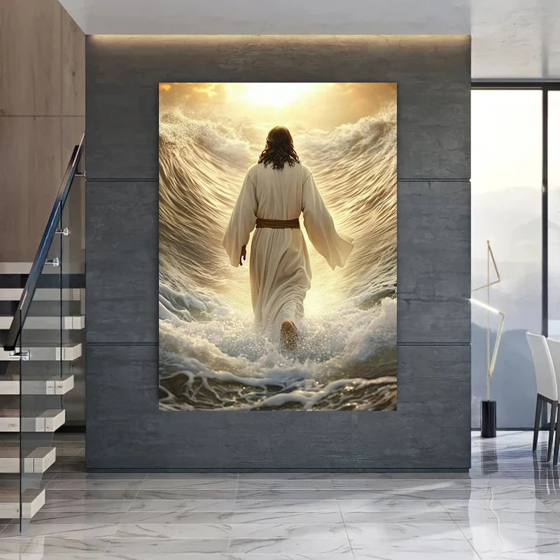 Jesus walking on water canvas wall art, modern religious print by Showlu Fashion Store, depicting a biblical scene in vibrant colors.
