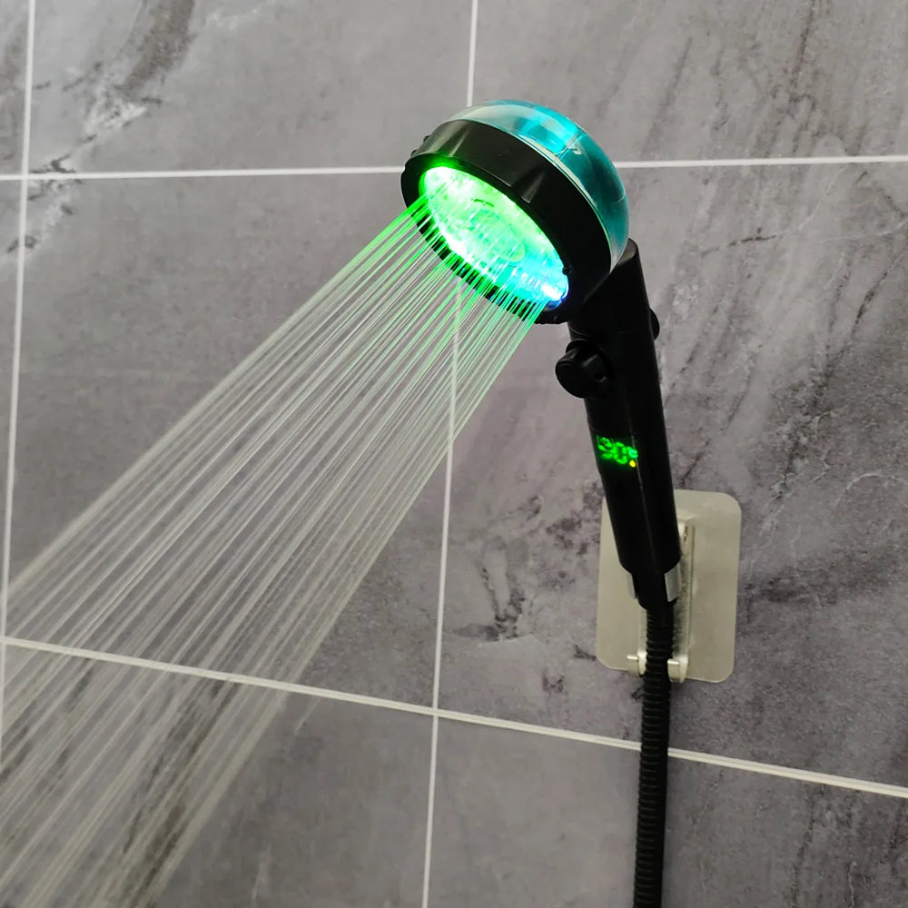Showlu Smart General LED handheld shower head with temperature display and adjustable water pressure, shown in close-up.