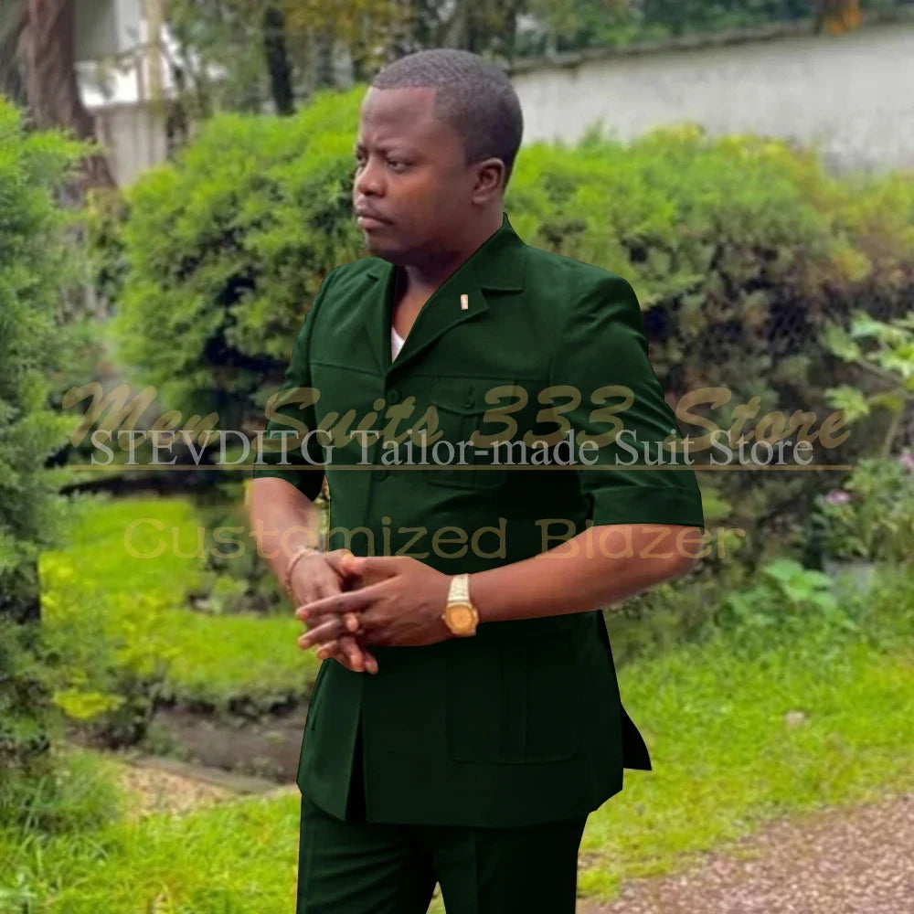 Safari men's suit set with short sleeve jacket and pants, featuring single breasted, notch lapel, African fashion style, Showlu Fashion