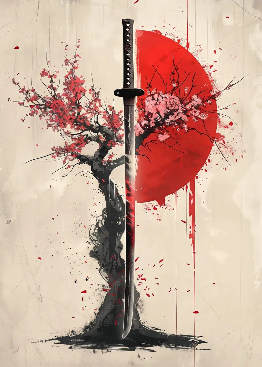 Japanese landscape artwork featuring samurai, geisha, bonsai, torii gate, sakura blossoms on a canvas wall print for home decor