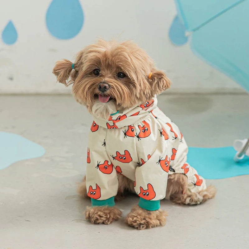 Showlu waterproof hooded dog raincoat with four-leg jacket, designed for full coverage and weather protection for pets.