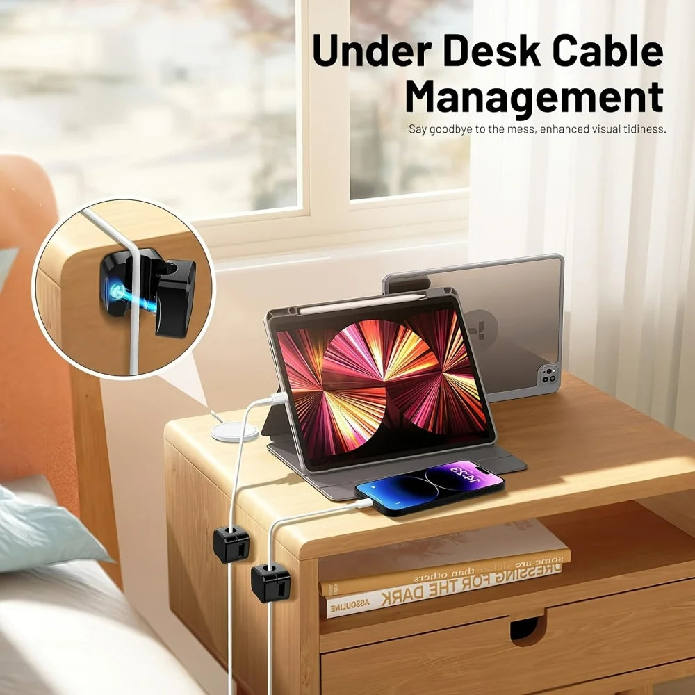 Showlu Smart General magnetic cable clips organizer holding and securing multiple charging and data cables on a desk.