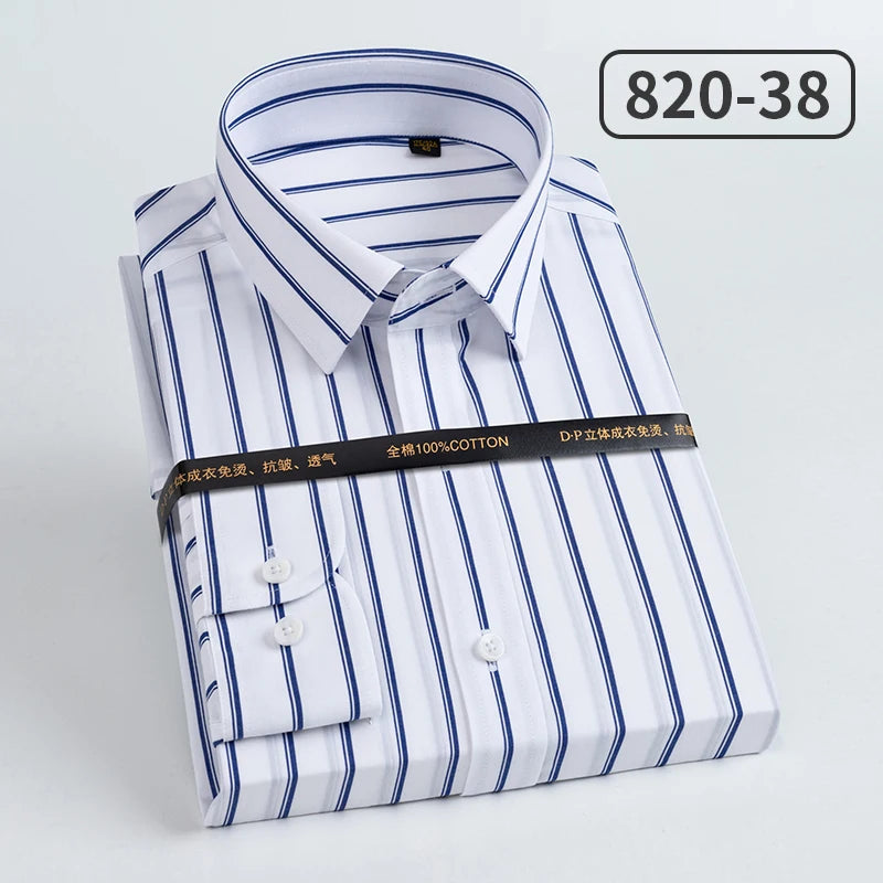Men's slim fit cotton long sleeve shirt with striped pattern, heterochromatic collar, wrinkle-resistant, high-end light luxury design.