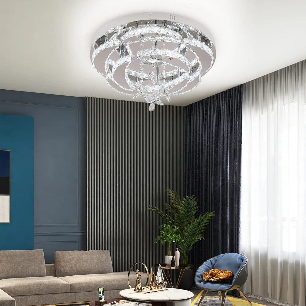 VETRULUS Modern K9 Crystal Chandelier with dimmable LED flush mount light, featuring clear crystal accents and sleek design