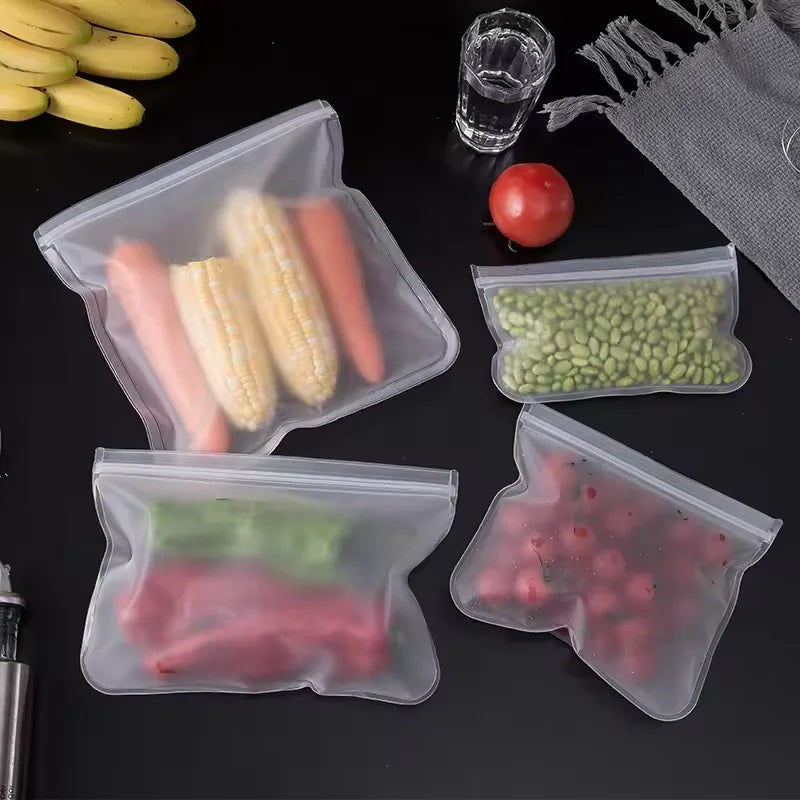 Reusable food storage bags by Showlu Smart General, showing transparent silicone bags with zipper seals for fresh food storage.