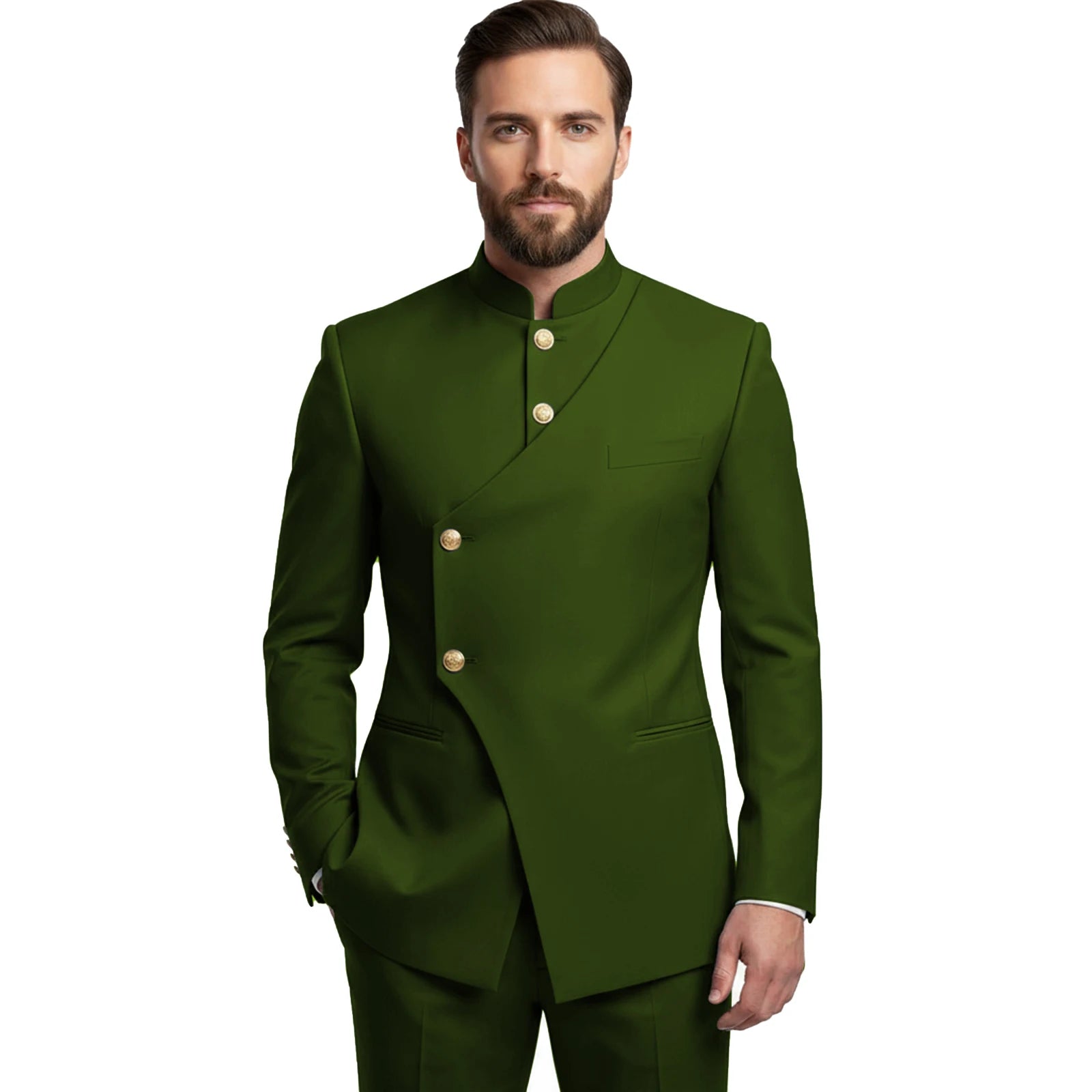 Chinese Suit Men 2 Piece Tunic Suits Slim Fit Safari Suits for Men Mandarin Collar Suit Blazer Pants Set