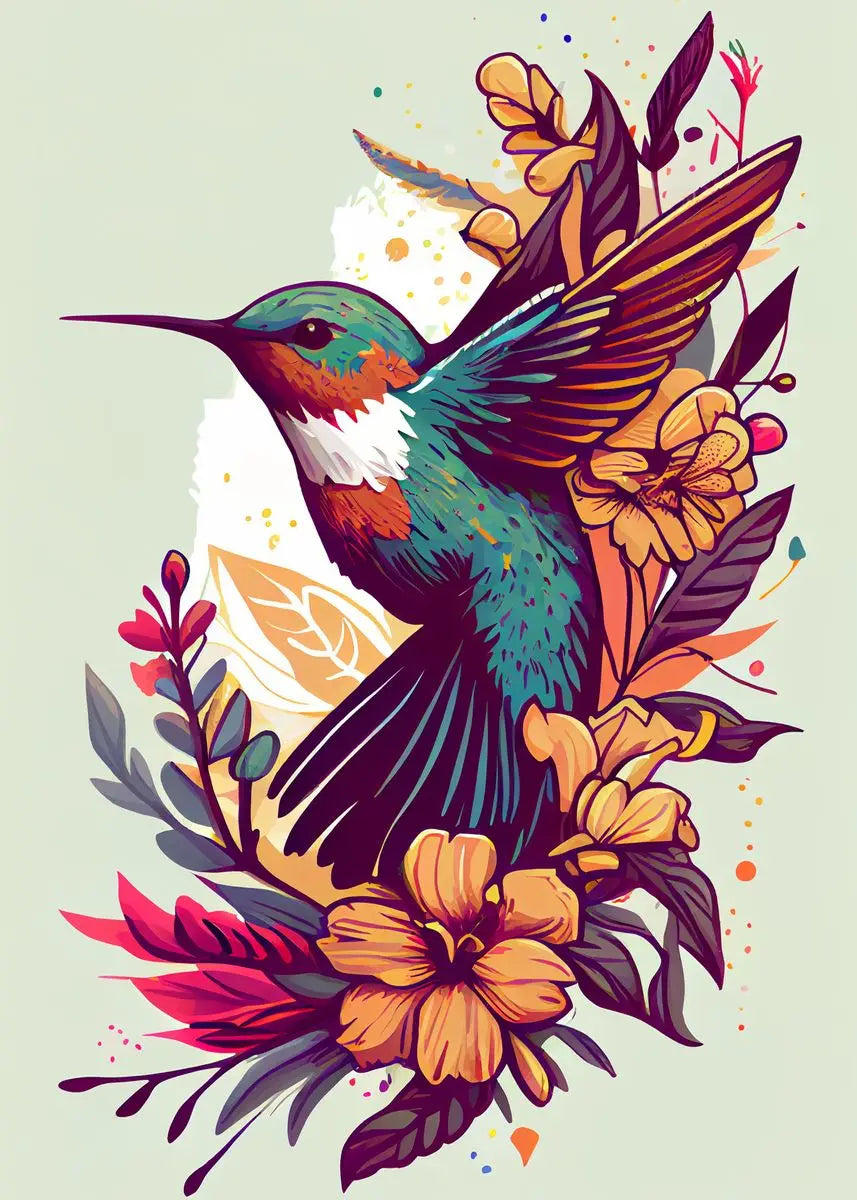 Colorful watercolor hummingbird and flower wall art print, vibrant canvas painting for living room home decor