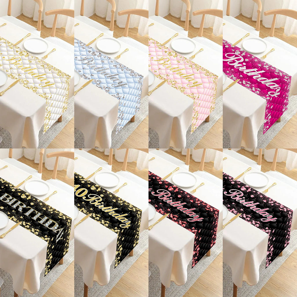 Black gold birthday table runner with metallic lettering, ideal for milestone celebrations and party table decor.