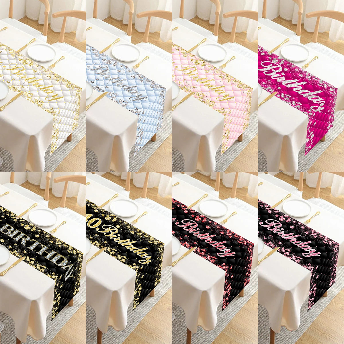 Black gold birthday table runner with metallic lettering, ideal for milestone celebrations and party table decor.