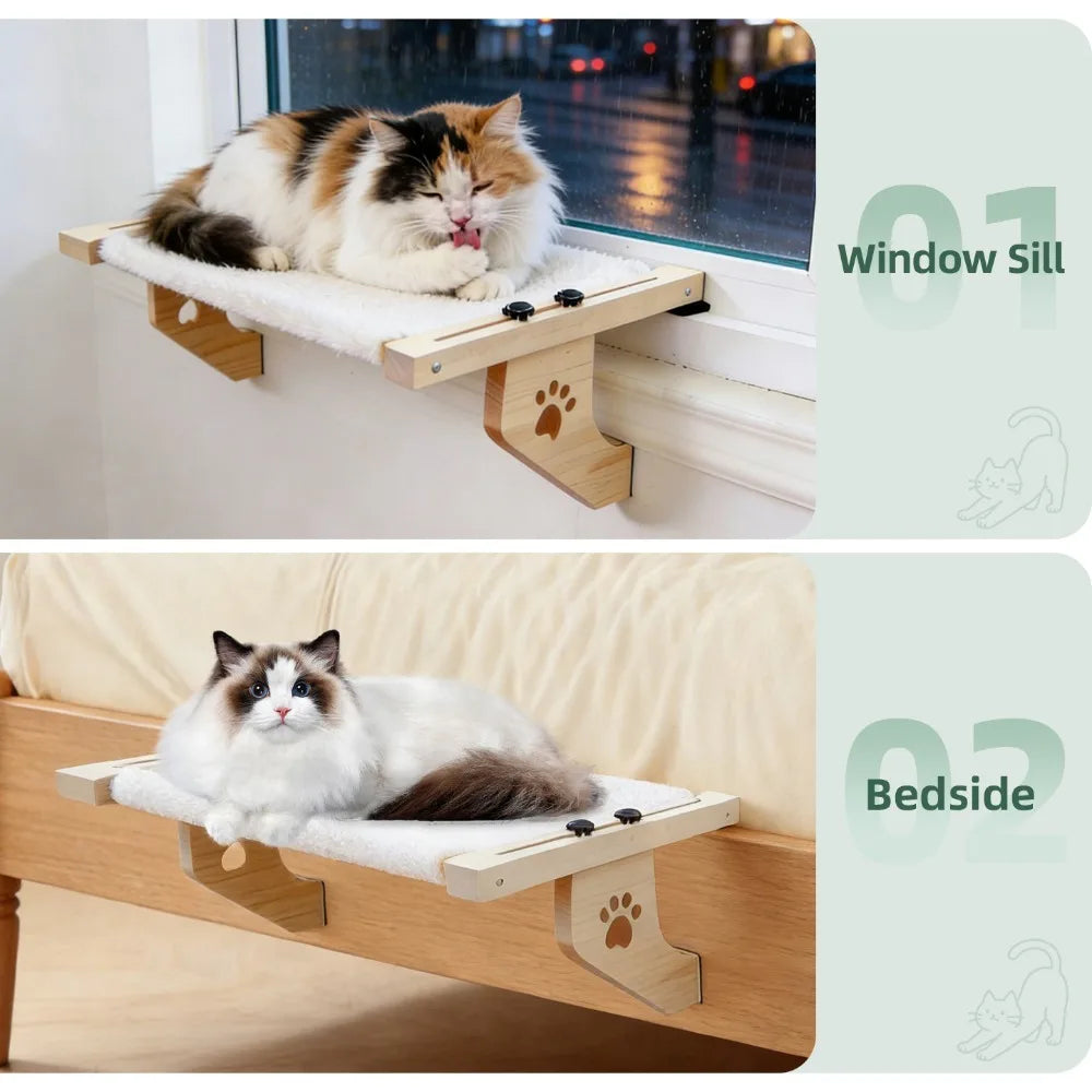 Showlu wooden frame cat window hammock with paw print design, durable hanging bed for cats to relax by the window.