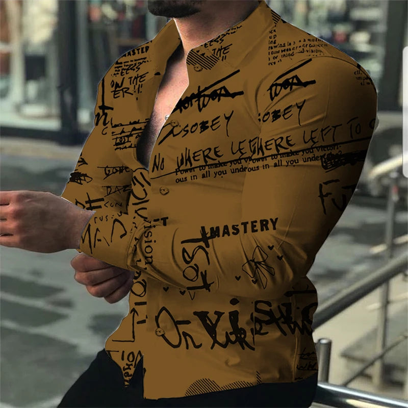 Men's 7-color long-sleeved Hawaiian shirt with 3D letter pattern, loose fit, spring style, available in 6XL from Showlu Fashion.