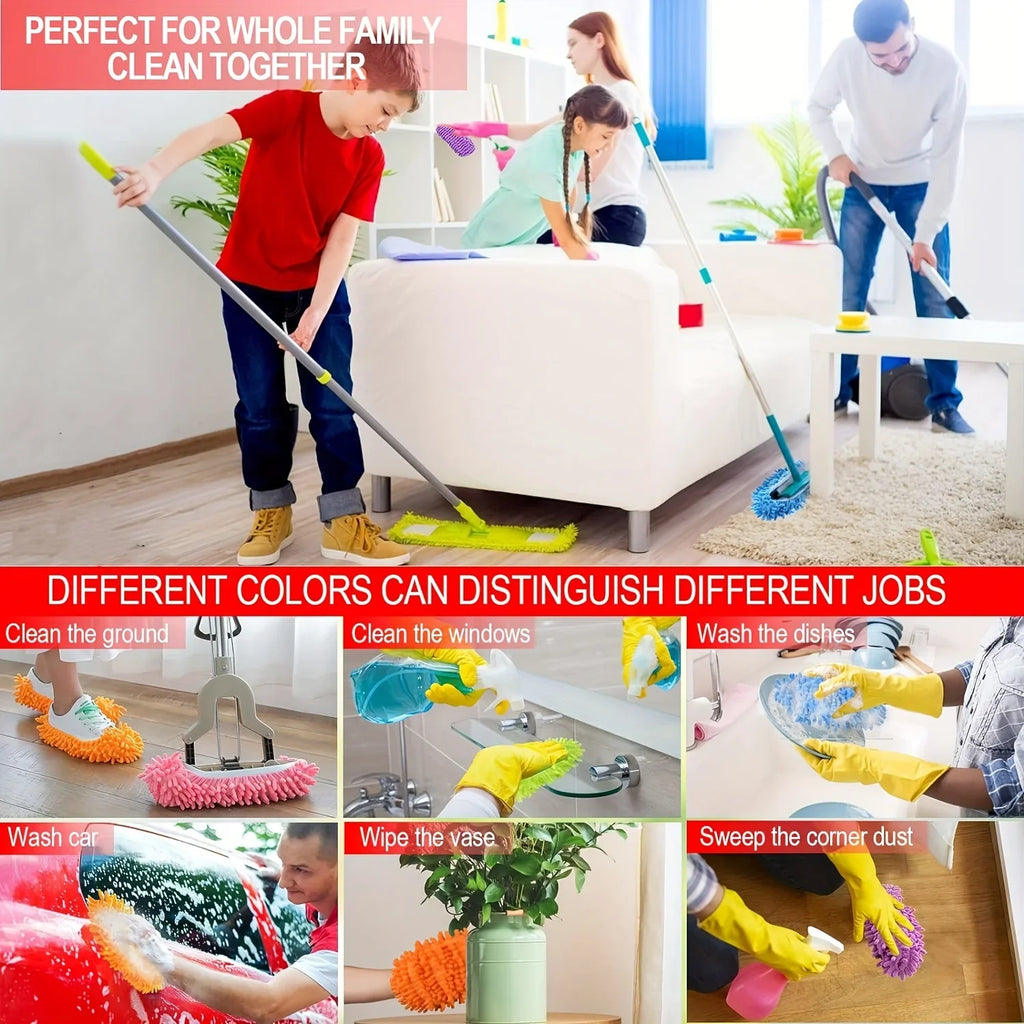 Showlu microfiber mop slippers with washable chenille fabric for effective floor cleaning and dusting.
