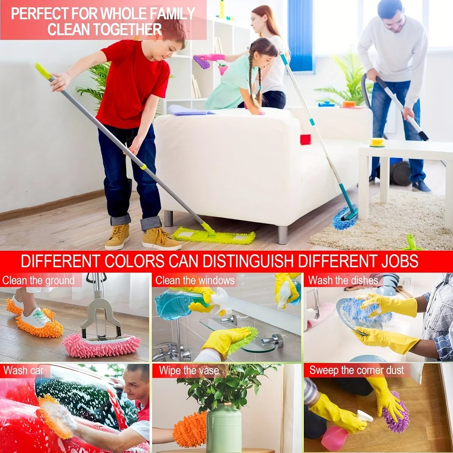 Showlu microfiber mop slippers with washable chenille fabric for effective floor cleaning and dusting.