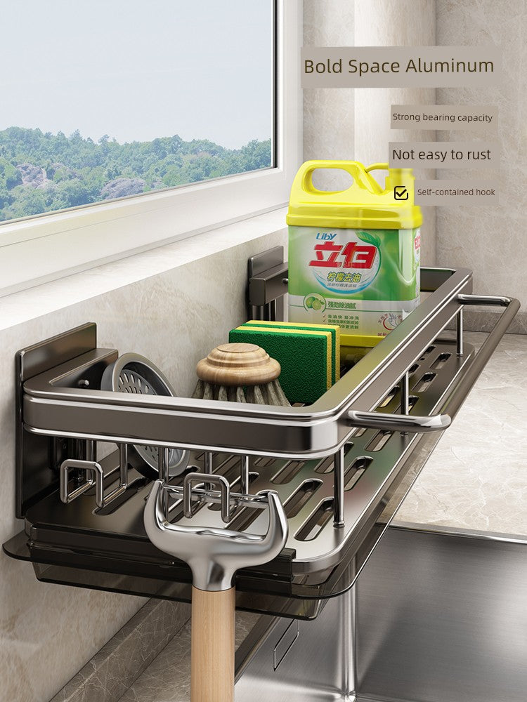 Aluminum wall-mounted kitchen seasoning rack with punch-free design, showing organized spice jars and utensils on a modern kitchen wall.
