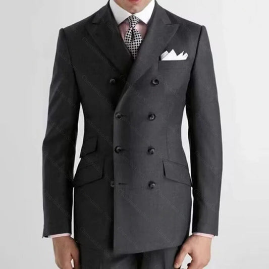 Men Suits Two Piece Chic Double Breasted Peak Lapel Tuxedo Dark Grey Wedding Groom Business Casual Male Suit (Jacket+Pants) SHOWLU FASHION STORE