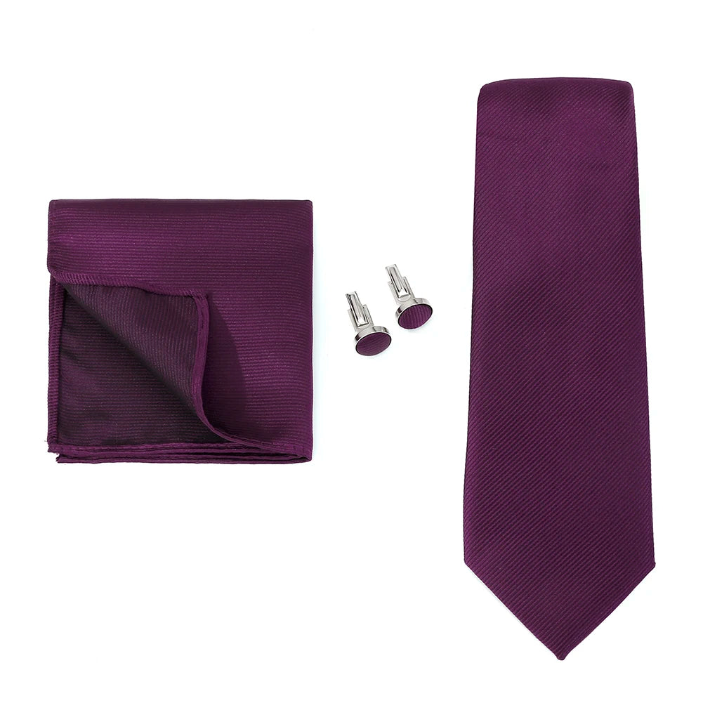 Solid color men's formal wedding tie with jacquard weave, matching handkerchief and cufflinks, ideal for business suits and elegant occasions.