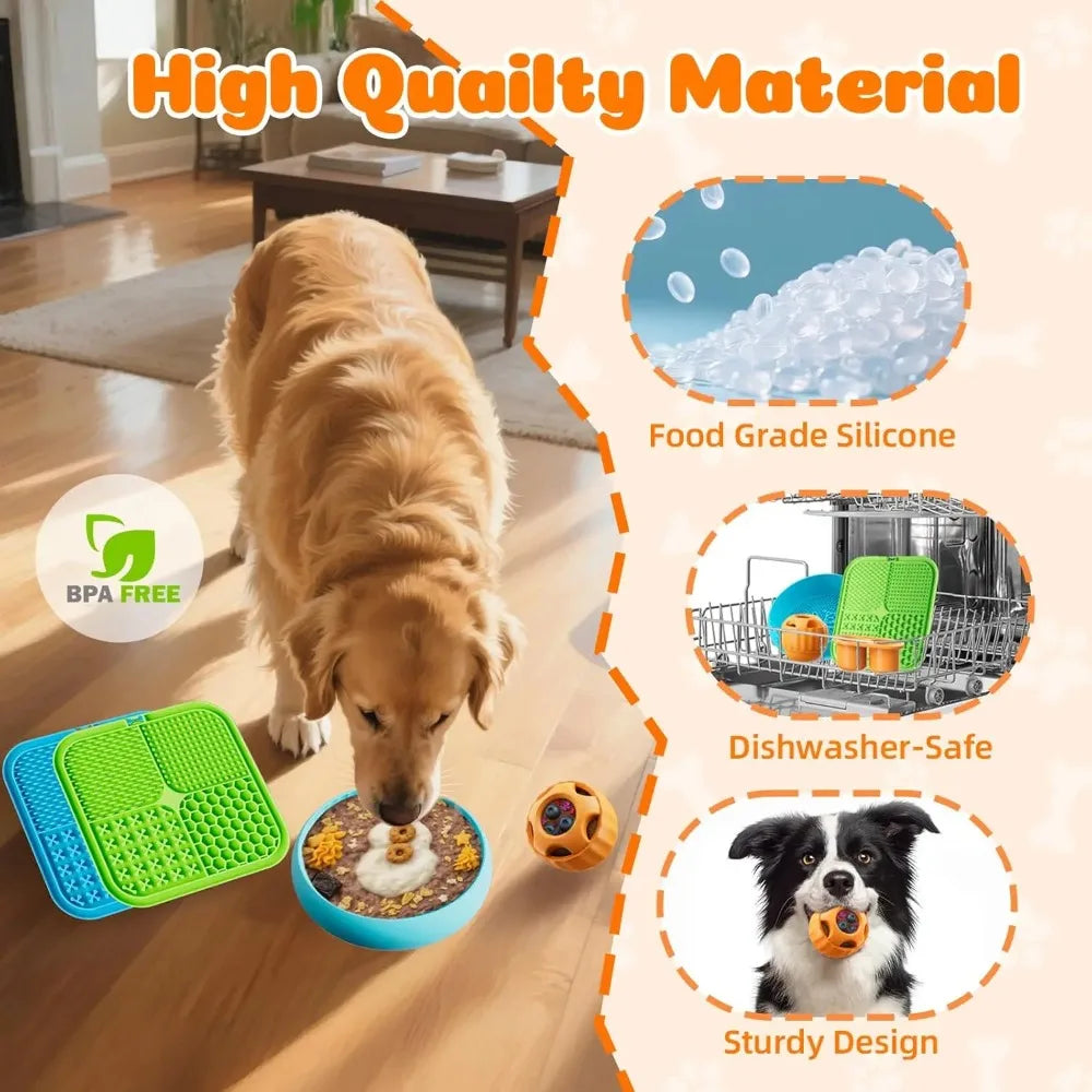 Dog enrichment toys set including lick mats, puzzle balls, and bowls for peanut butter treats, designed to reduce anxiety and boredom.