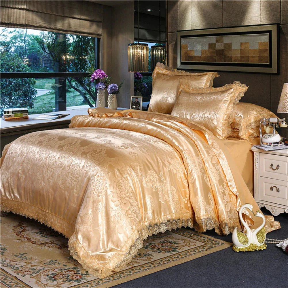 Nordic satin jacquard duvet cover set with floral pattern from SHOWLU FASHION STORE, luxurious flower bedding for bedroom decor.