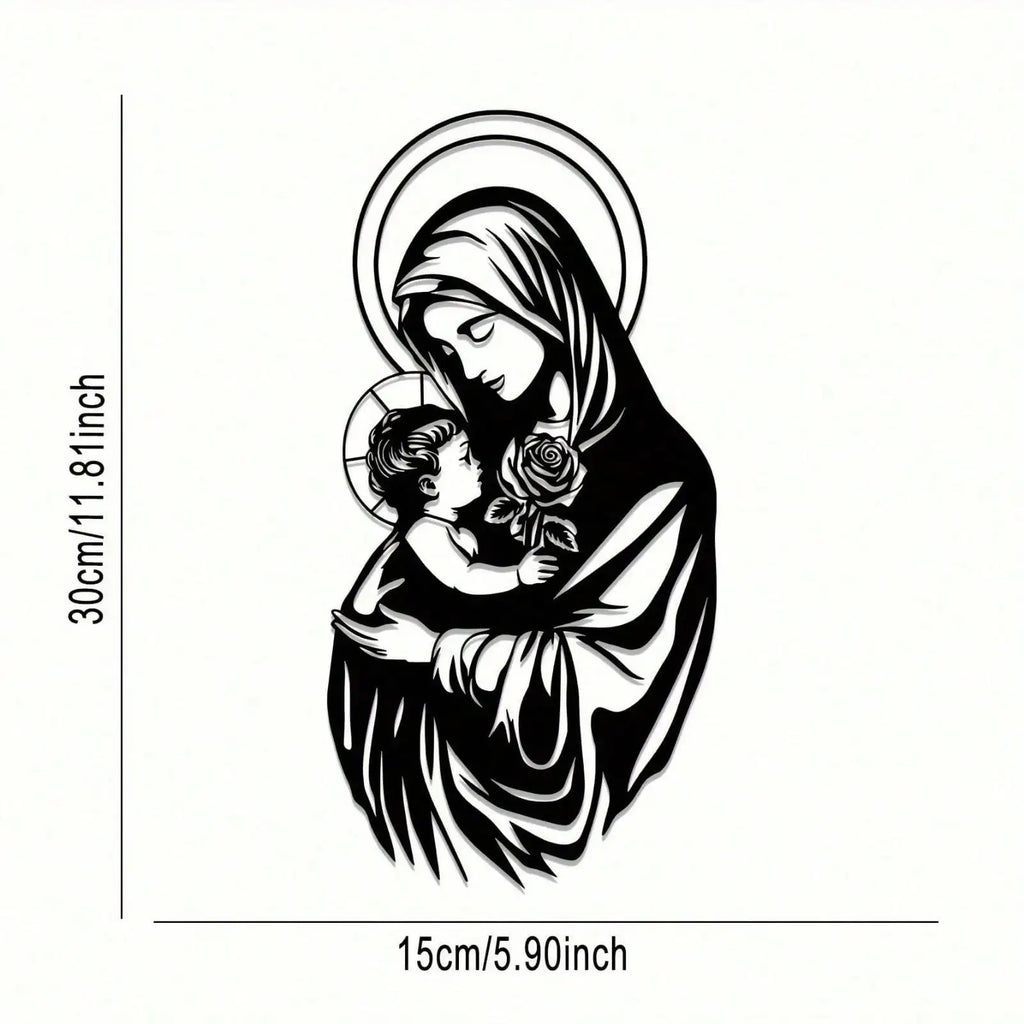 Black Hello Young Virgin Mary metal wall art depicting religious iconography for home decor.