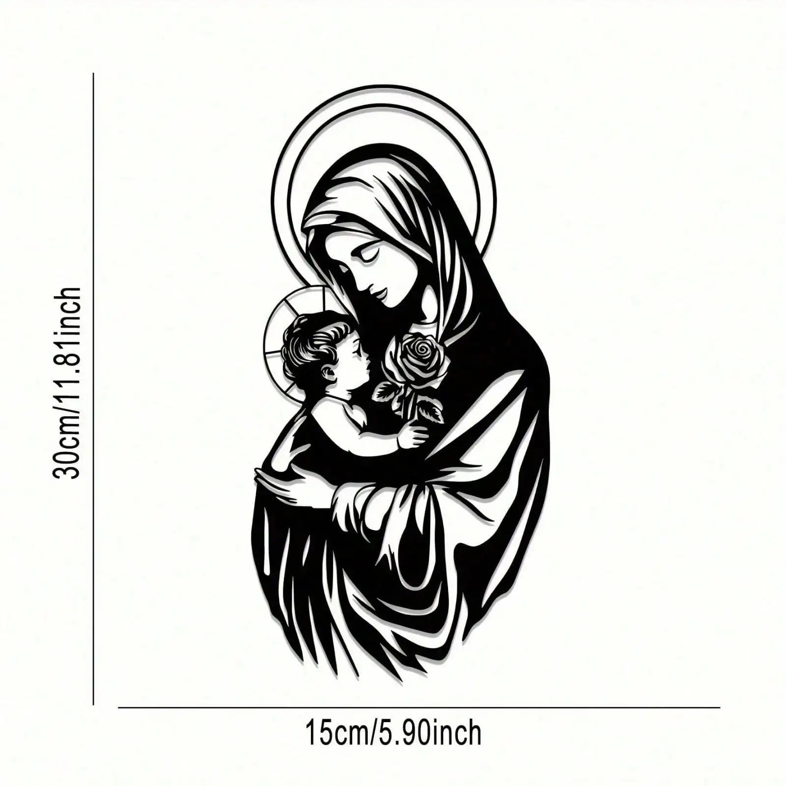 Black Hello Young Virgin Mary metal wall art depicting religious iconography for home decor.