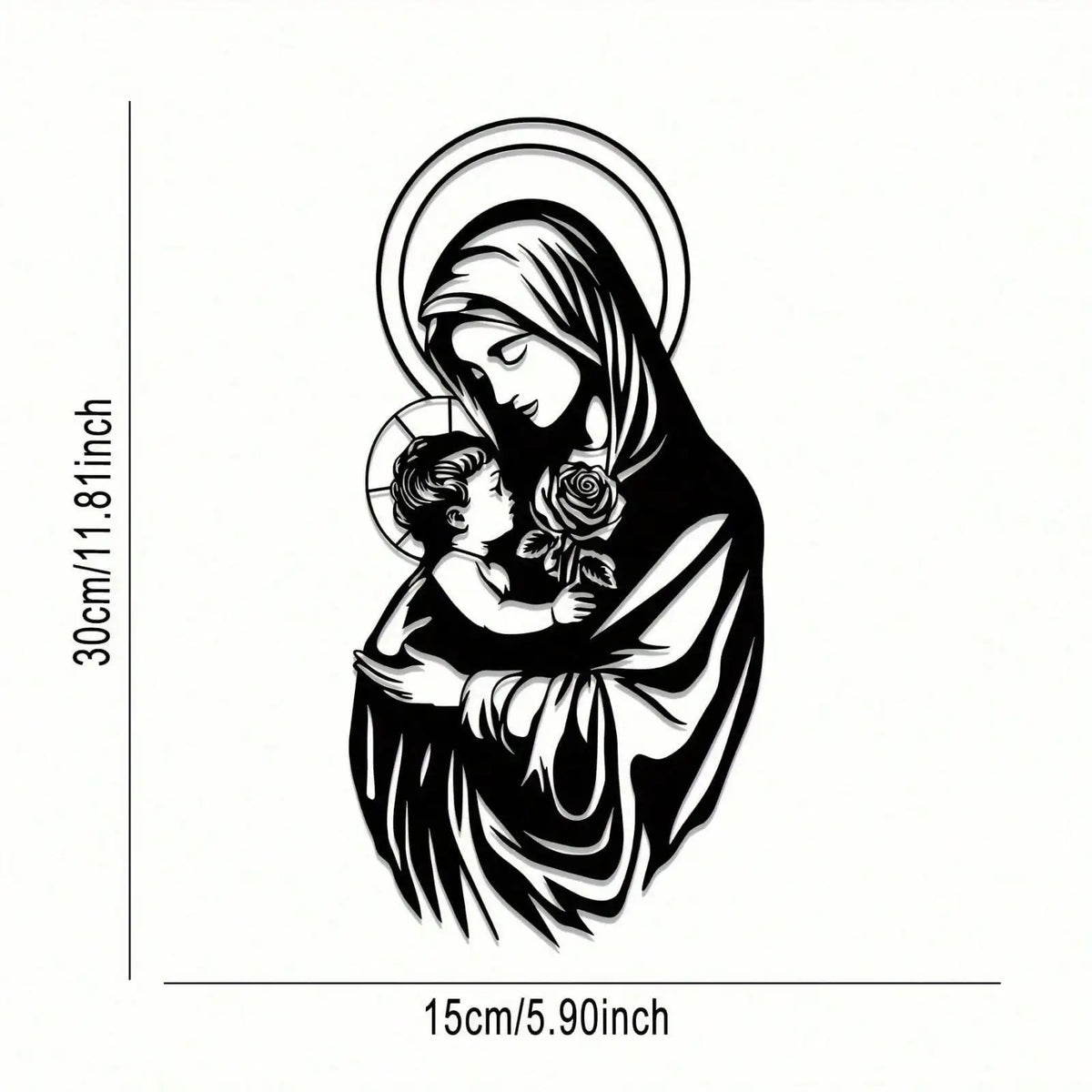A black metal wall art piece depicting the Virgin Mary holding the infant Jesus and a rose.
