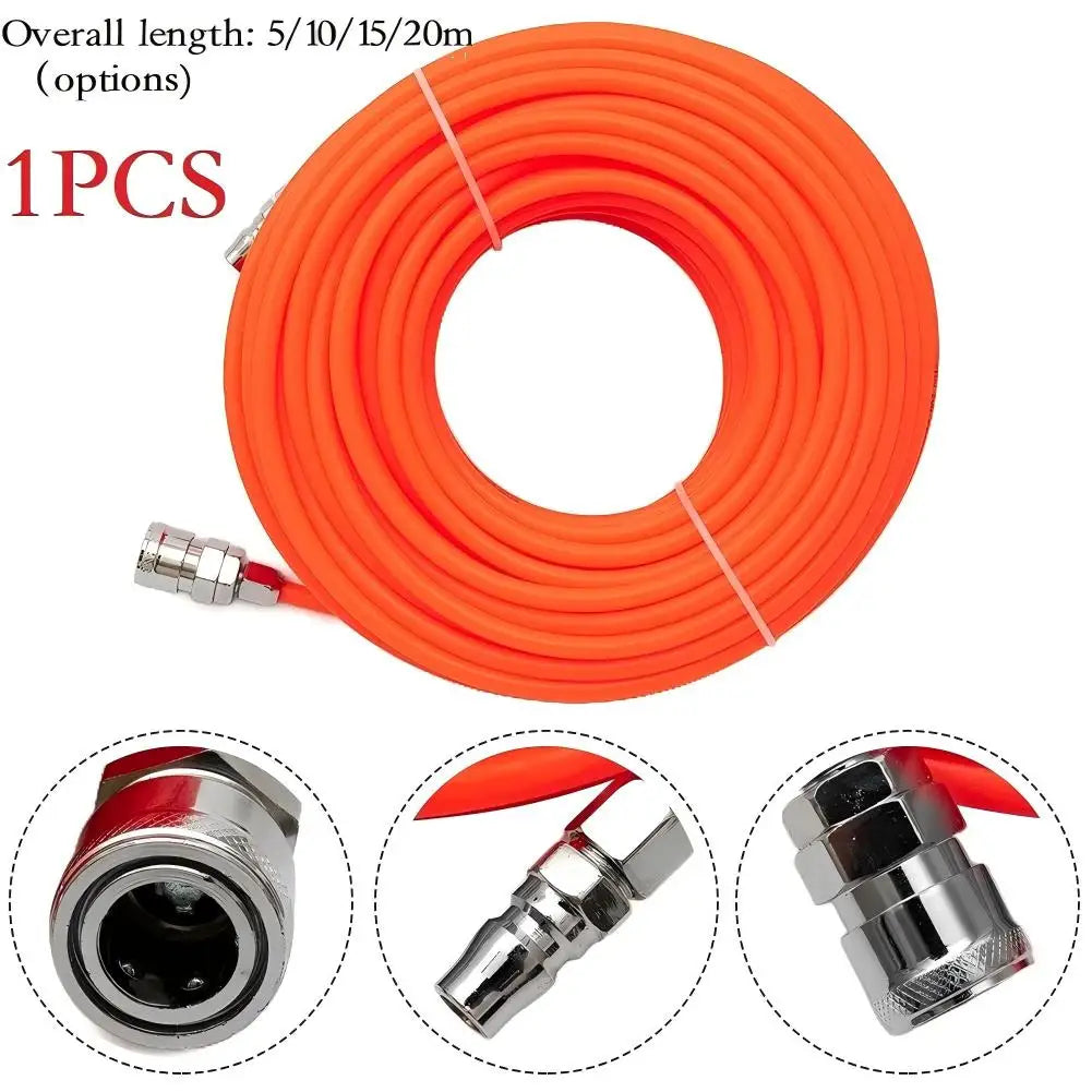 Heavy-duty pneumatic air compressor hose with quick connector, shown coiled with garden and tool connections.