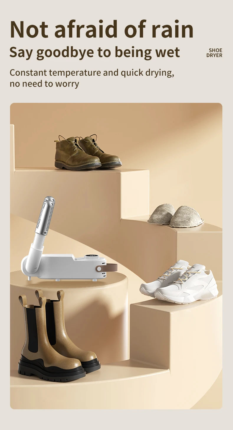 Showlu Smart Electric Shoe Dryer with 150W power, portable design, deodorizer function, and timer for drying and freshening shoes.