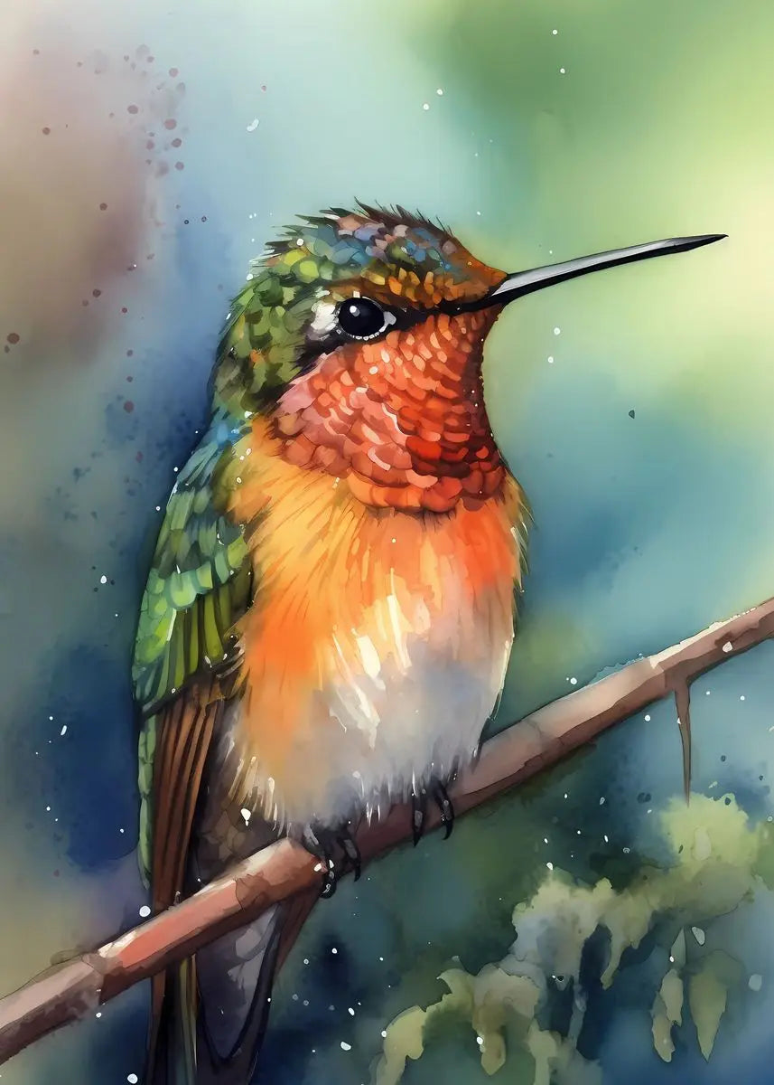 Colorful watercolor hummingbird and flower wall art canvas painting, vibrant bird and floral decor for living room or home.