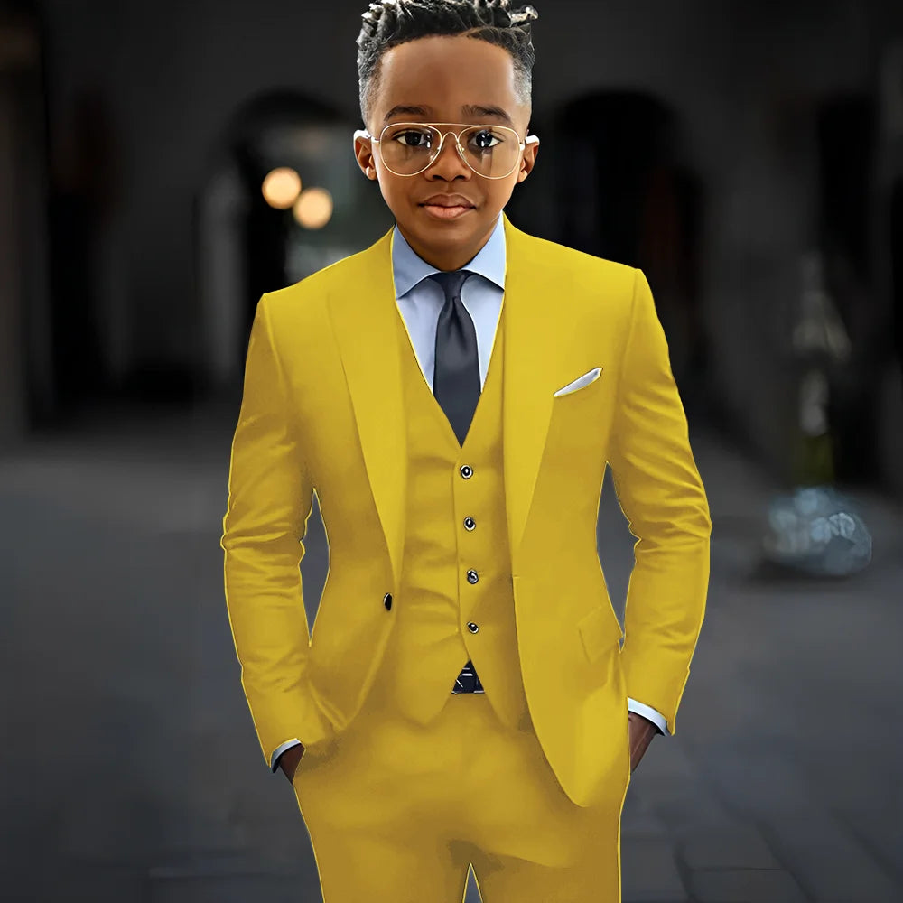 Dark grey high-quality boy suit set with slim fit, single-breasted jacket, pants, and vest featuring peak lapels, stylish kids' formal wear
