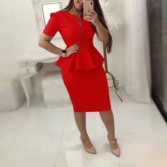 Elegant Women's Skirt Sets Solid Zipper V-neck Slim Top + Package Hip Knee-Length Skrits Suits Female Casual Work Two Pieces Set