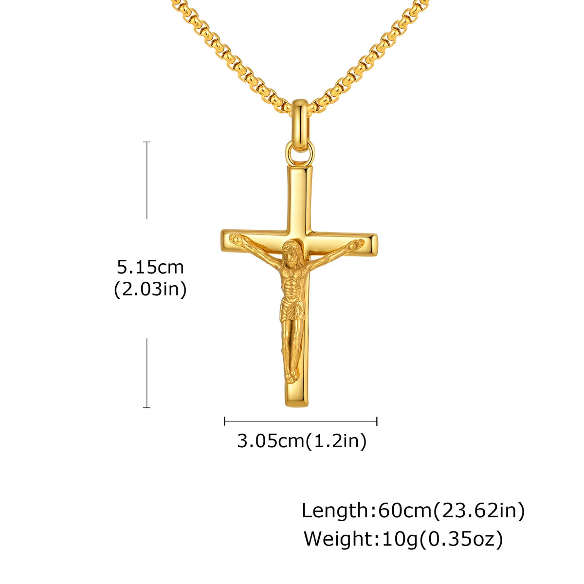 Gold-colored stainless steel cross necklace with Jesus pendant, Catholic faith jewelry for men and women.