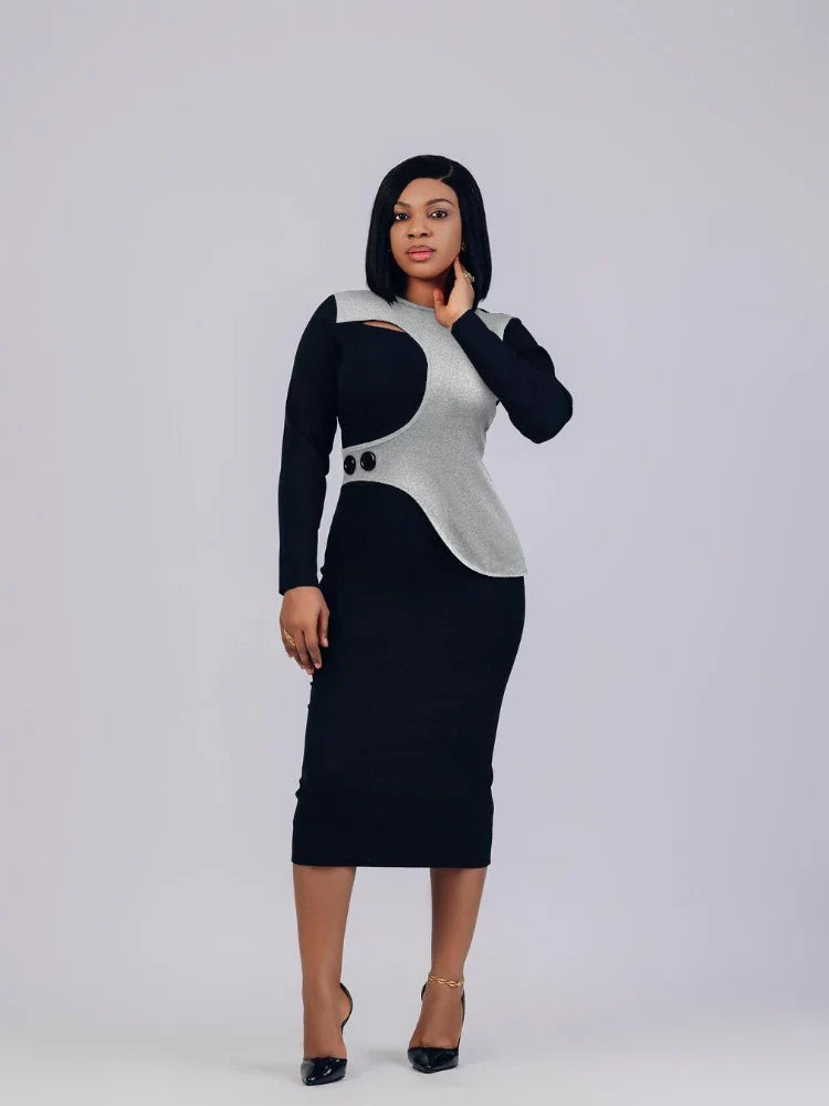 AOMEI Women's patchwork midi dress with long sleeves and asymmetrical bodycon fit, stylish and elegant for fashionable wear