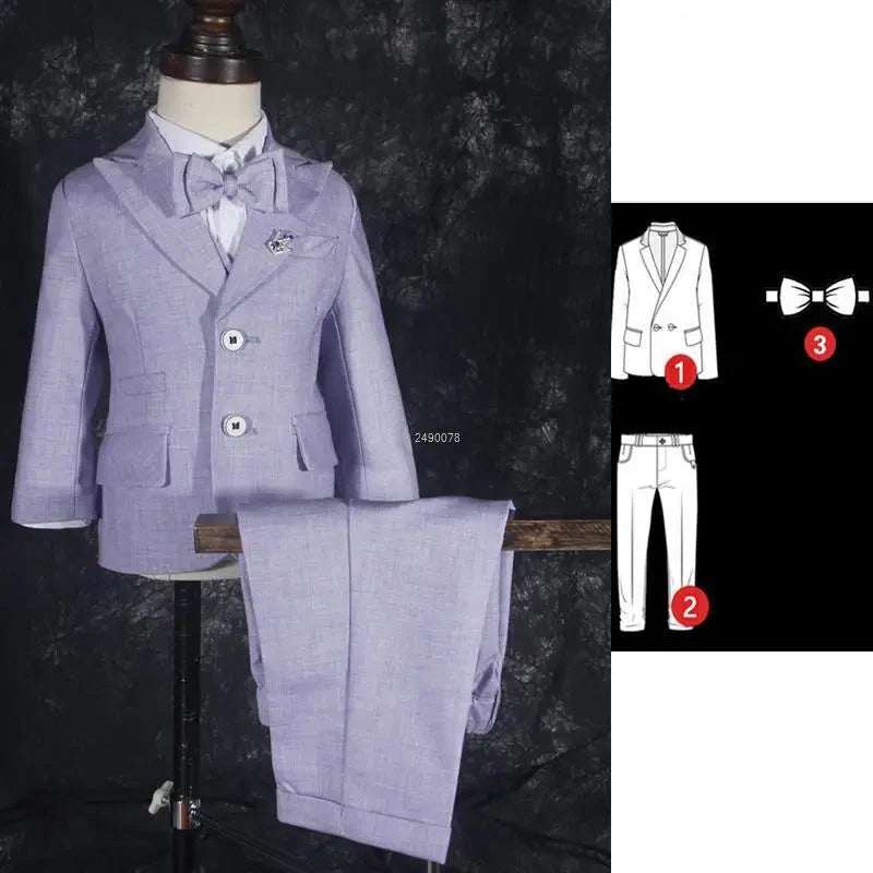 Purple boys' formal wedding suit by SHOWLU FASHION STORE, includes 5-piece birthday tuxedo with jacket, shirt, bow tie, vest, and pants.