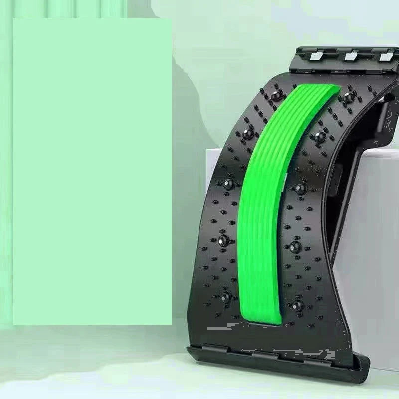 Magnetic lumbar support back stretcher and massager with ergonomic design for back pain relief and spinal alignment.