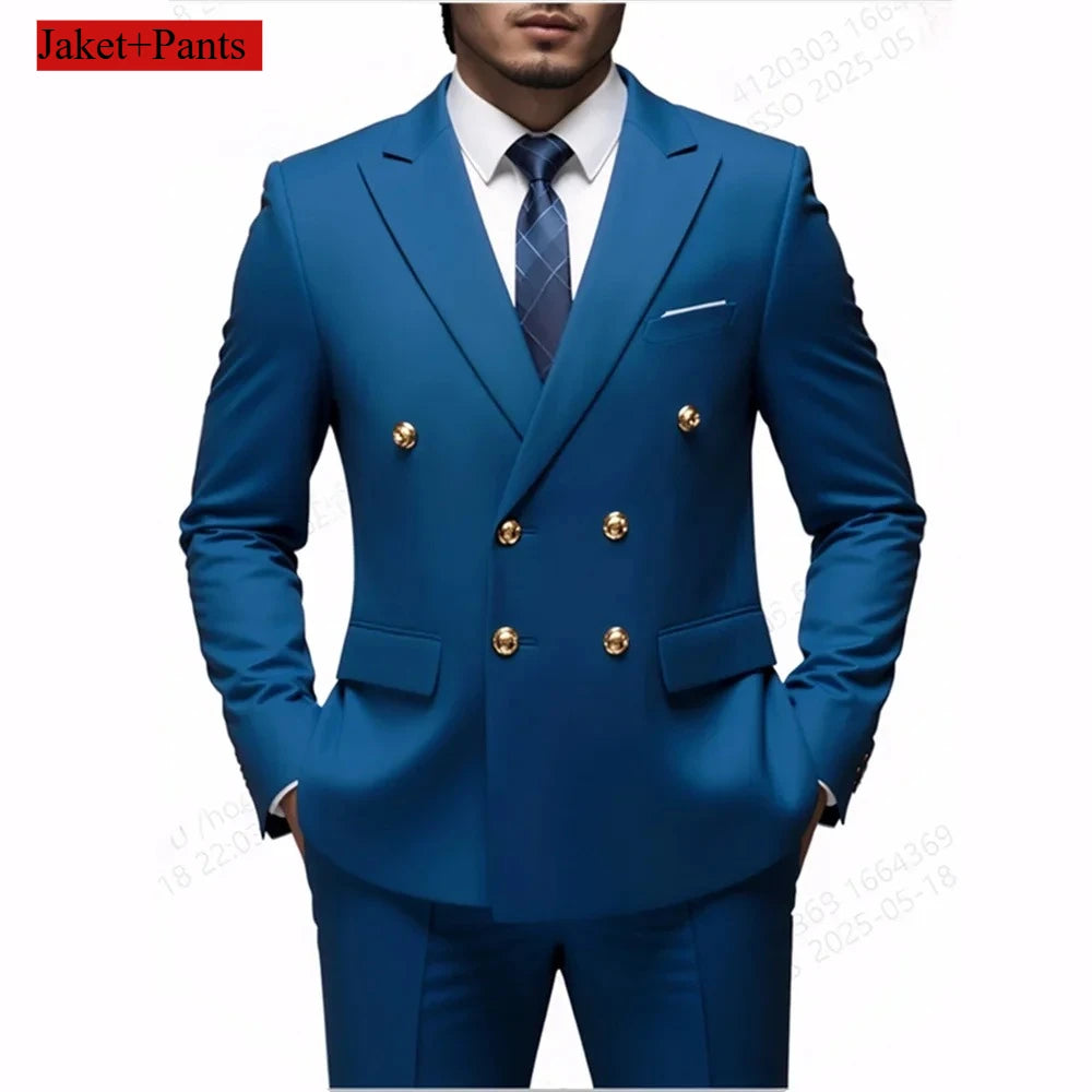 Black men's double-breasted slim fit suit with gold buttons, ideal for weddings, parties, and prom by Showlu Fashion.