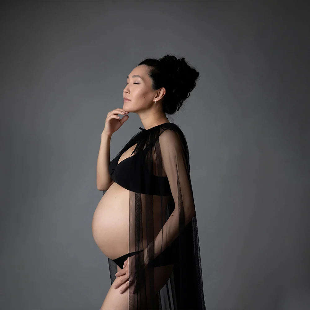Showlu Maternity Tulle Cape Pearl Cloak for boho pregnancy photo shoot, featuring delicate tulle fabric and pearl embellishments.