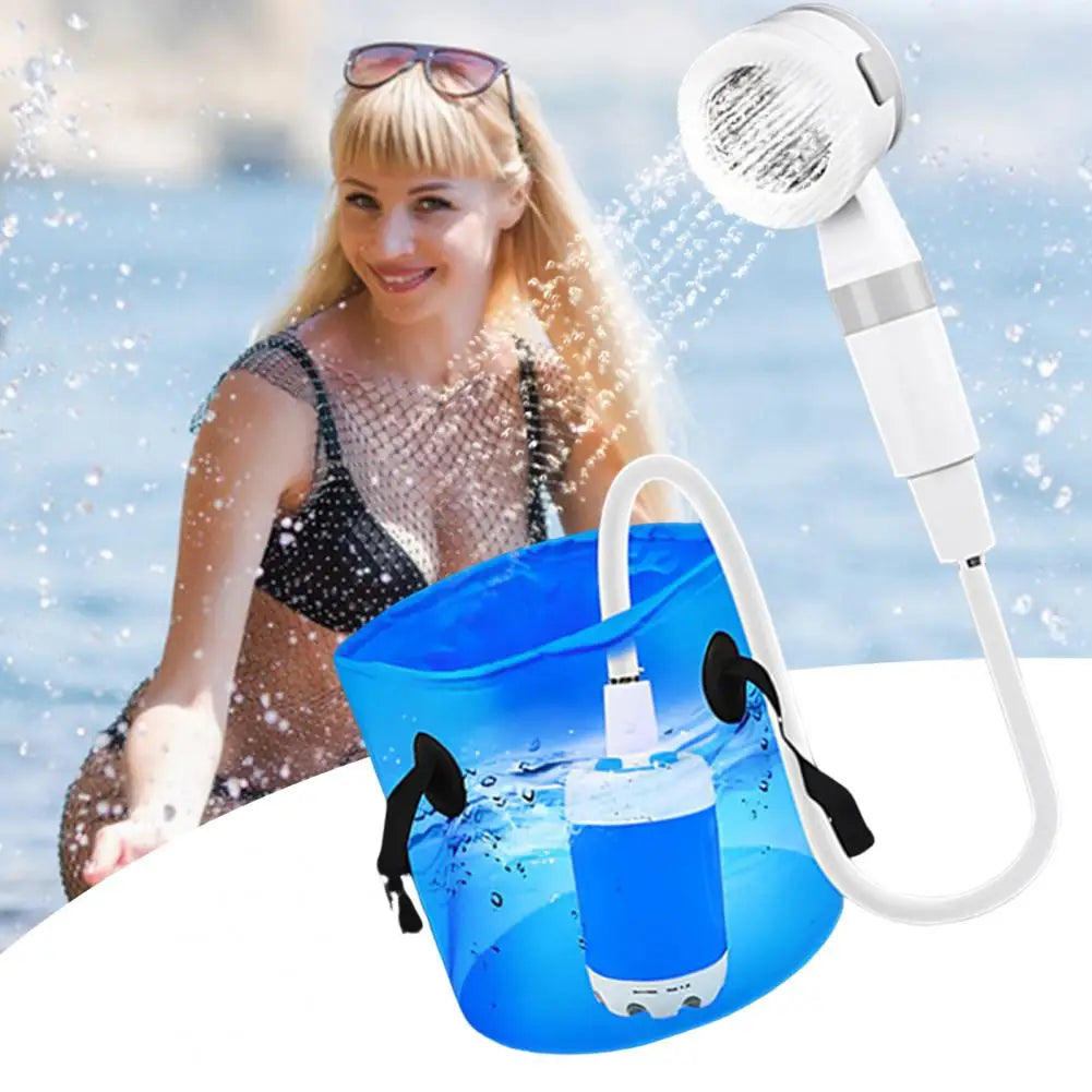 Showlu Smart portable camping shower with rechargeable electric pump and LED light, ideal for outdoor camping and outdoor showering.