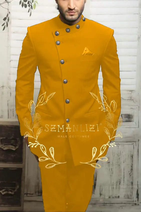 Navy blue Indian design men's suit by Showlu Fashion, slim fit formal blazer and matching trousers for wedding or business occasions.